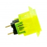 Sanwa square yellow translucent button, 24 mm, side view.