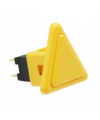 Sanwa triangle yellow button, 24 mm, 3/4 view.