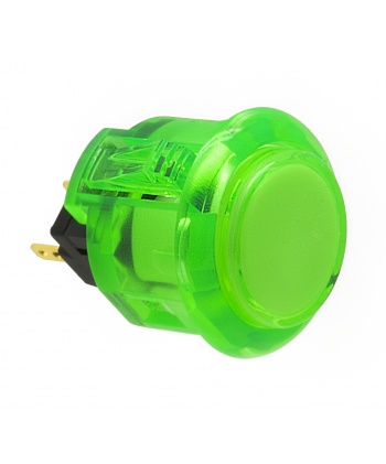 Sanwa 24 mm clear green push button with clips. View from 3/4.