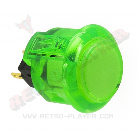 Sanwa 24 mm clear green push button with clips. View from 3/4.