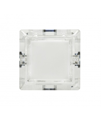 Bouton Sanwa carré transparent blanc, 24 mm, vue de face.