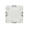 Bouton Sanwa carré transparent blanc, 24 mm, vue de face.