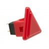 Sanwa triangle red button, 24 mm, 3/4 view.