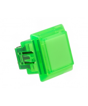 Sanwa square transparent button, green, 24 mm, 3/4 view.