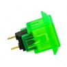 Sanwa square transparent button, green, 24 mm, side view.