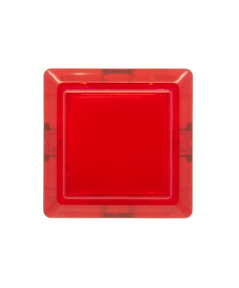 Bouton Sanwa carré transparent rouge, 24 mm, vue de face.