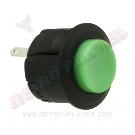 Sanwa 20 mm button with clip, green color. 3/4 view.