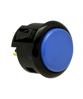 Sanwa black and blue silent button, 30mm clip on, 3/4 view.