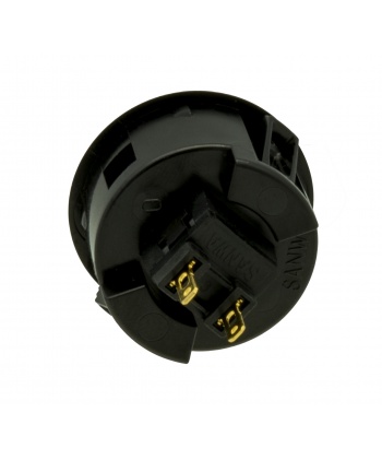 Sanwa black and blue silent button, 30mm clip on, rear view.