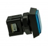Blue Sanwa luminous square button with click. side view.