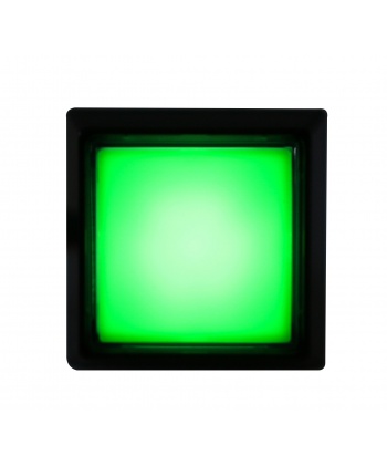 Bouton carré vert lumineux Sanwa à clic. Vue allumé.