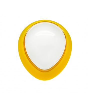 Bouton Sanwa en forme d’œuf blanc et jaune. Vue de face.