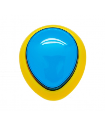 Bouton Sanwa en forme d’œuf bleu et jaune. Vue de face.