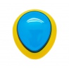 Bouton Sanwa en forme d’œuf bleu et jaune. Vue de face.